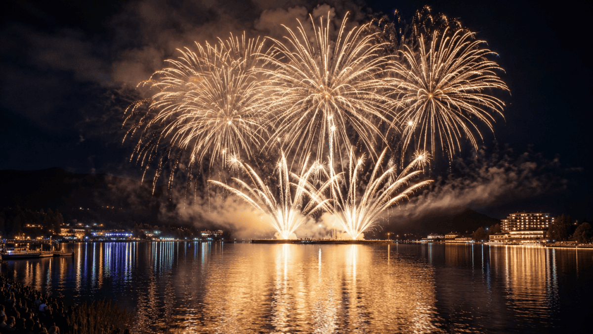 Feuerwerk explodiert über dem See bei Nacht mit Zuschauern am Ufer