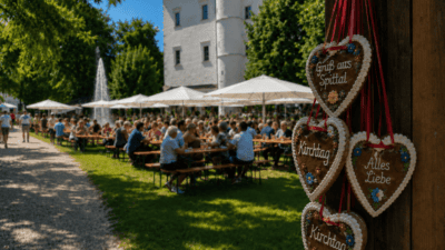 Lebkuchenherzen mit Aufschriften hängen an einem Holzpfosten vor einer großen Festgesellschaft im Park.