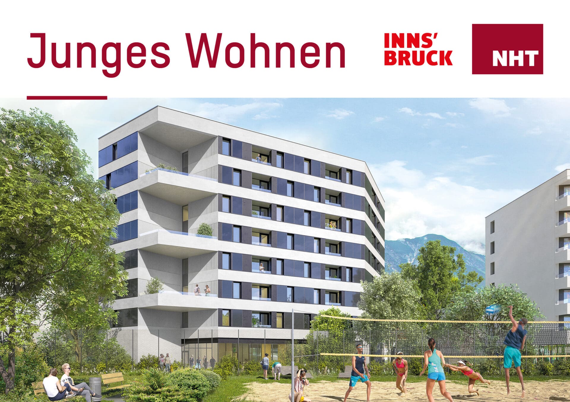 Modernes mehrstöckiges Wohngebäude mit Balkonen und Personen in einer Grünanlage mit Volleyballplatz