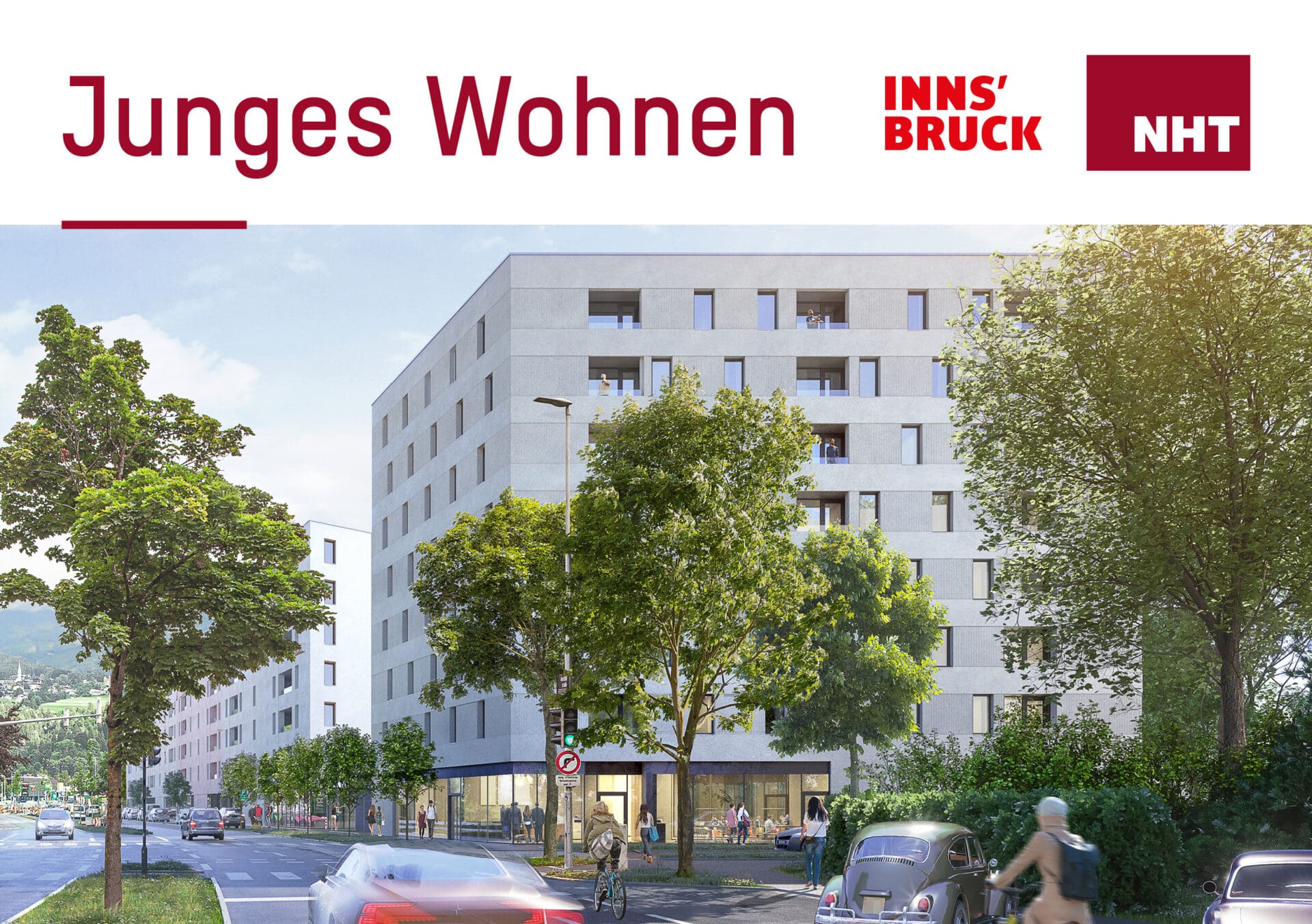 Modernes mehrstöckiges Wohngebäude mit Balkonen an einer Straße mit Bäumen und Verkehr in Innsbruck