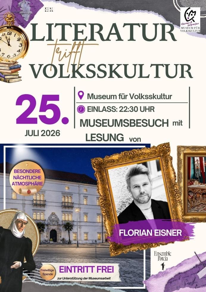 Werbeplakat für Literatur trifft Volkskultur mit Schloss Porcia und Porträt von Florian Eisner