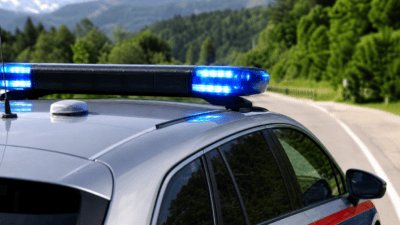 Polizeiauto mit eingeschaltetem Blaulicht auf einer Straße vor bewaldeten Bergen