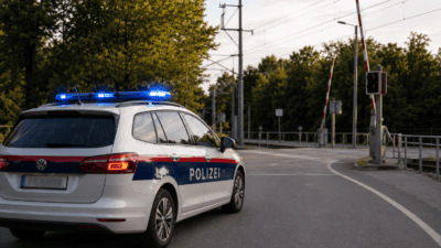 Weißes Polizeiauto mit eingeschaltetem Blaulicht vor einem Bahnübergang mit Schranken und Ampel.