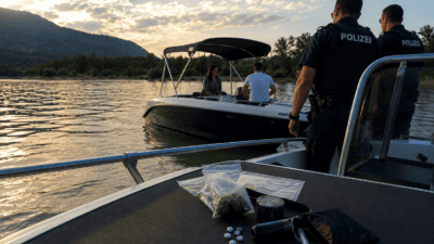 Zwei Polizisten auf einem Boot beobachten ein anderes Boot auf einem Fluss bei Sonnenuntergang, im Vordergrund beschlagnahmte Drogen.