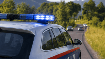 Silberner Polizeiwagen mit rotem Streifen und blauem Blaulicht auf einer Landstraße