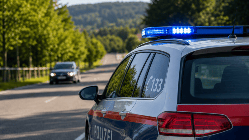 Österreichischer Polizeiwagen mit Blaulicht und POLIZEI-Schriftzug auf einer Landstraße.