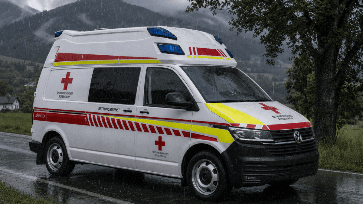 Weißer Rettungswagen des Österreichischen Roten Kreuzes mit roten und gelben Streifen steht bei Regen auf nasser Straße