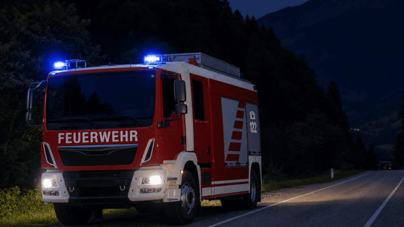 Roter und weißer Feuerwehrwagen mit eingeschaltetem Blaulicht auf nächtlicher Bergstraße