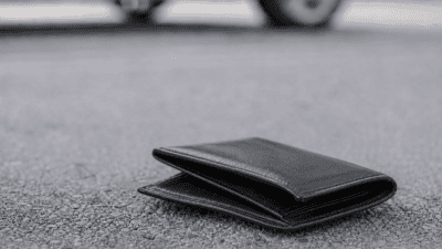 Eine schwarze Lederbrieftasche liegt auf grauem Asphalt vor einem Auto