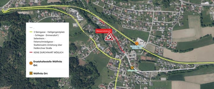Satellitenkarte mit gelber Linie für Busumleitung Linie 3 und roter Markierung für Wasserrohrbruch