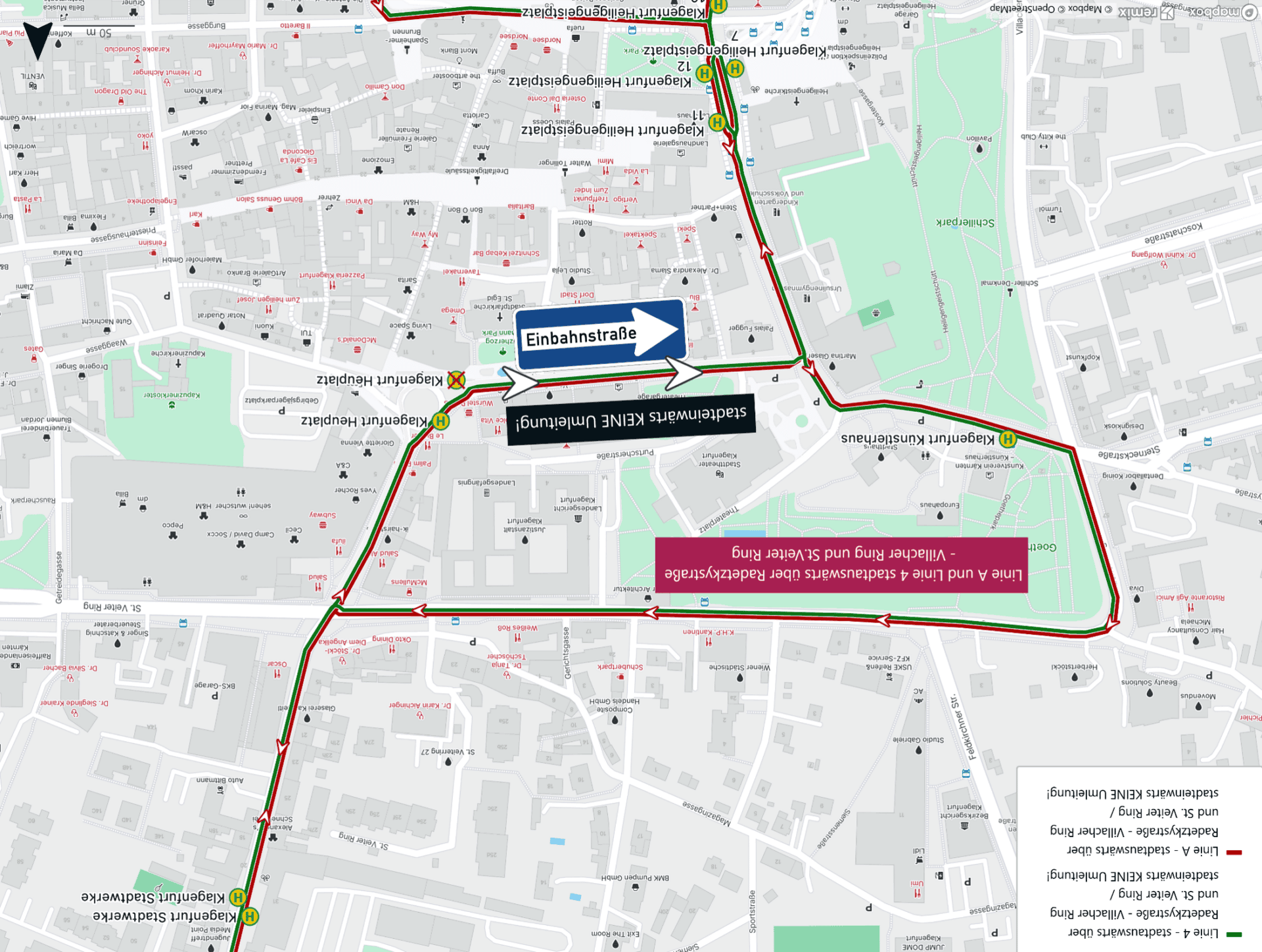 Detailkarte von Klagenfurt mit farbigen Umleitungsstrecken der Buslinien A und 4