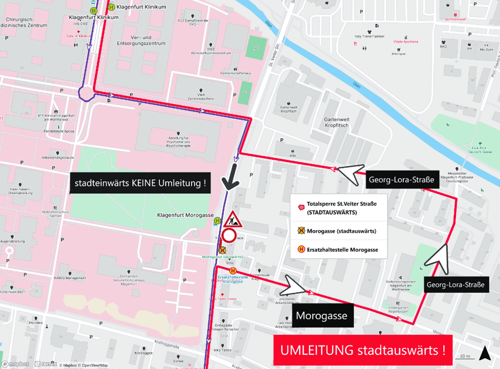 Stadtplan von Klagenfurt mit roter Umleitungslinie für Busse auf der St. Veiter Straße