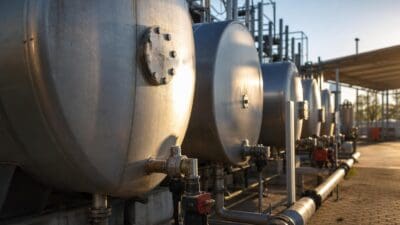 Reihe großer silberner Metalltanks mit Flanschen, Ventilen und Rohrleitungen auf Industriegelände