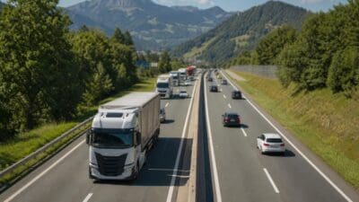Weißer Sattelschlepper fährt auf mehrspuriger Autobahn mit Bergen im Hintergrund