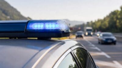 Blaues Blaulicht auf dem Dach eines Polizeifahrzeugs auf der Autobahn