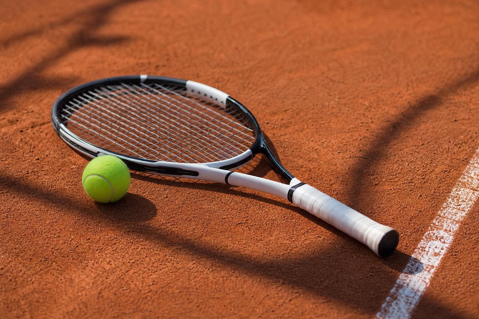 Tennisschläger mit weißem Griff neben einem gelben Tennisball auf rotem Sandplatz