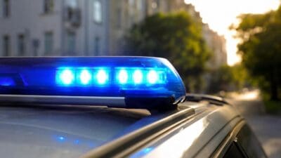 Blaues Blaulicht mit mehreren leuchtenden LED-Lichtern auf dem Dach eines Polizeifahrzeugs vor unscharfen Gebäuden