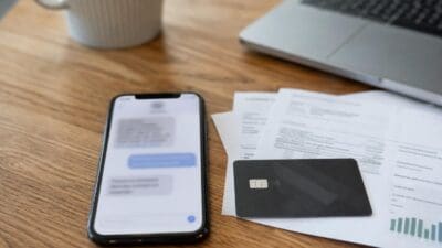 Smartphone zeigt Chat-App mit SMS-Nachrichten auf Holztisch neben schwarzer Kreditkarte und Dokumenten
