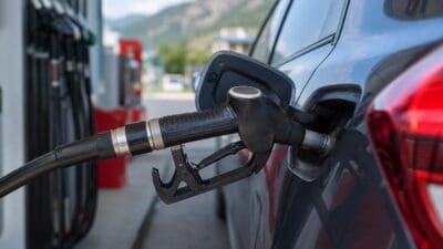 Schwarze Zapfpistole wird in den Tank eines blauen Autos an einer Tankstelle gesteckt
