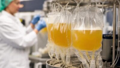 Mehrere durchsichtige Beutel mit gelblicher Flüssigkeit hängen an einem Metallgestell in einem Labor