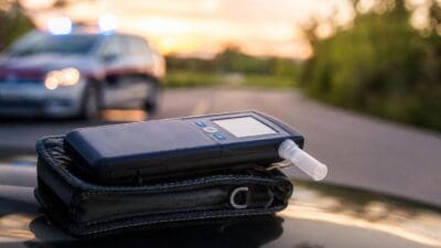 Alkoholtestgerät mit Mundstück liegt auf Tasche auf Motorhaube vor Polizeiwagen mit Blaulicht