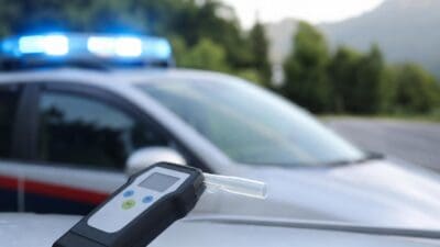 Alkoholtester liegt auf der Motorhaube eines Polizeifahrzeugs mit Blaulicht