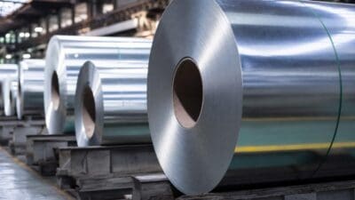 Reihen großer glänzender Aluminium-Coils in einer industriellen Produktionshalle