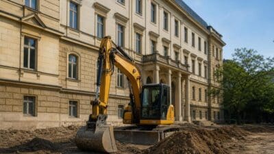 Gelber Bagger steht vor historischem hellen Amtsgebäude auf aufgewühlter Baustelle