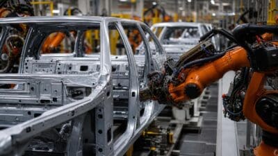 Orangefarbene Industrieroboter bearbeiten silberne Autokarosserien in einer grossen Fertigungshalle