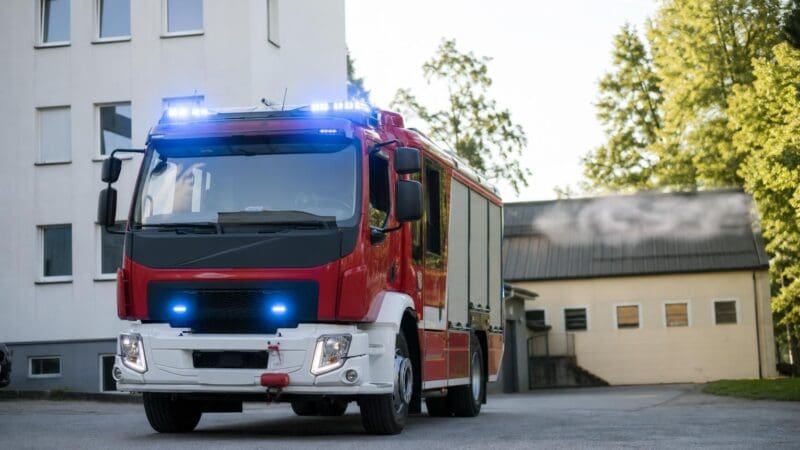Rotes und weißes Feuerwehrfahrzeug mit aktivierten blauen Blaulichtern auf einem Platz vor Gebäuden.