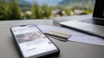 Smartphone liegt auf einem Tisch neben Kreditkarten Papieren und Laptop vor Bergpanorama.