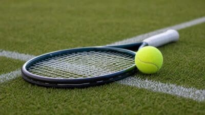 Ein Tennisschläger mit gelbem Ball liegt auf grünem Rasen neben einer weißen Linie
