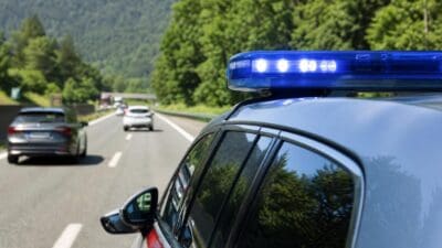 Polizeifahrzeug mit blauem Blaulicht auf mehrspuriger Autobahn vor Bergen