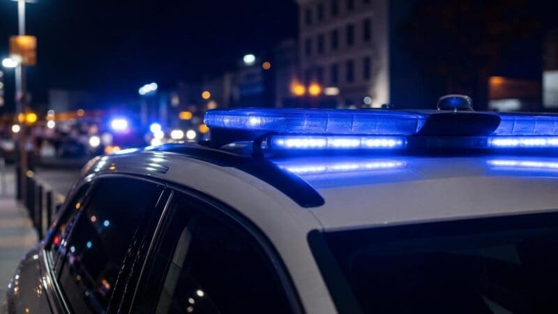 Nahaufnahme eines Polizeifahrzeugs mit leuchtendem Blaulicht auf dem Dach bei Nacht