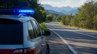 Silbernes Polizeifahrzeug mit blauem Blaulicht steht am Rand einer Landstraße vor Bergen