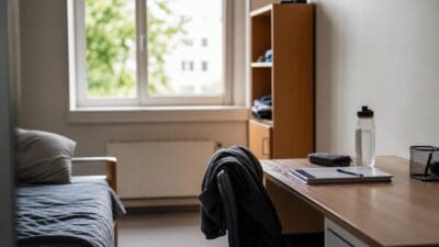 Blick in ein Zimmer mit Bett, Schreibtisch, Stuhl und Fenster in einer Einrichtung