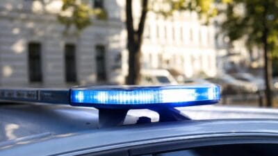 Blaue Rundumleuchte eines Polizeiautos leuchtet hell auf einem Fahrzeugdach