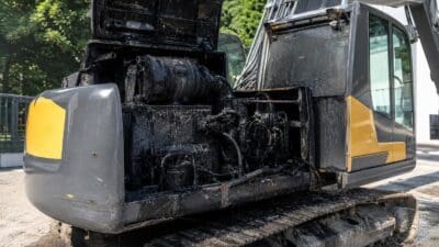 Nahaufnahme eines verbrannten Baggers mit offenem rußbedecktem Motorraum und gelben Karosserieelementen