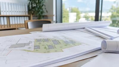 Ausgebreitete Baupläne mit farbig markierten Flächen auf einem Holztisch in einem Büro