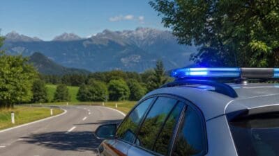 Heckansicht eines Polizeiautos mit aktiviertem blauen Blaulicht auf einer Landstraße vor Bergen