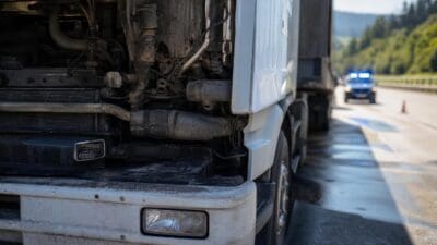 Nahaufnahme des offenen und verschmutzten Motorraums eines weißen Lastkraftwagens auf der Autobahn