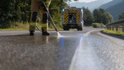 Feuerwehrmann in Schutzkleidung reinigt mit Hochdruckschlauch die nasse Fahrbahn vor dem Löschfahrzeug