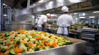 Edelstahlwanne mit Brokkoli, Blumenkohl, Karotten und Zucchini in einer Großküche