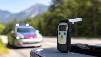 Ein Alkoholtester mit Mundstück liegt im Vordergrund vor einem Polizeifahrzeug mit Blaulicht in den Bergen
