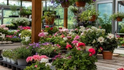 Bunte Geranien und andere Blumen in Töpfen in einer Gärtnerei mit Holzpfosten und Fenstern