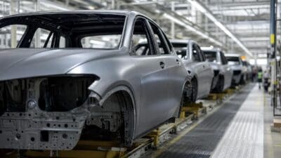 Graue unlackierte Karosserien von Fahrzeugen auf einem Fließband in einer Fabrikhalle
