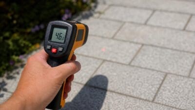 Eine Hand hält ein Infrarot-Thermometer, das 46 Grad Celsius anzeigt, über grauem Pflaster.