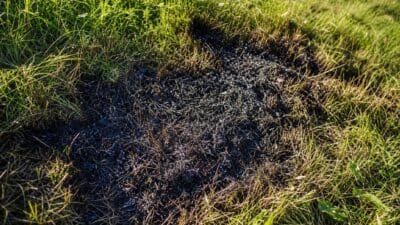 Verbrannte schwarze Fläche auf grüner Wiese mit verkohltem Gras und Erde