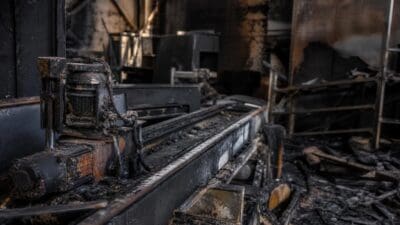Brandgeschädigte Industrieanlage mit Motor und Ketten in einer rußgeschwärzten Fabrikhalle