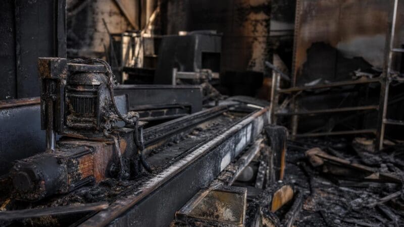 Brandgeschädigte Industrieanlage mit Motor und Ketten in einer rußgeschwärzten Fabrikhalle